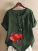 Women's Fashion Red Heart Print Round Neck Short Sleeve T-shirt Summer Casual Cotton Linen Graphic Shirt Leisure Loose Blouse Tops