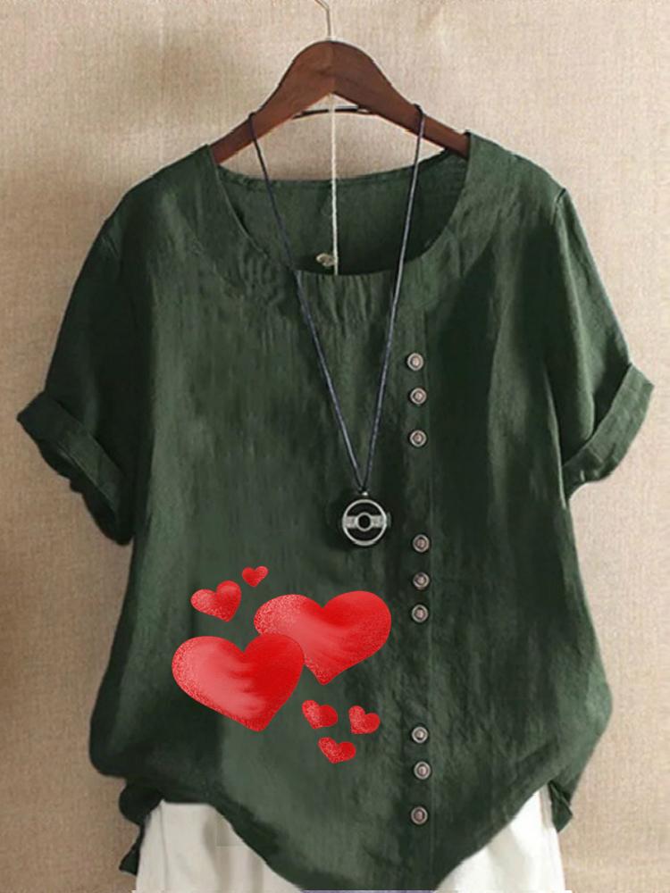 Women's Fashion Red Heart Print Round Neck Short Sleeve T-shirt Summer Casual Cotton Linen Graphic Shirt Leisure Loose Blouse Tops