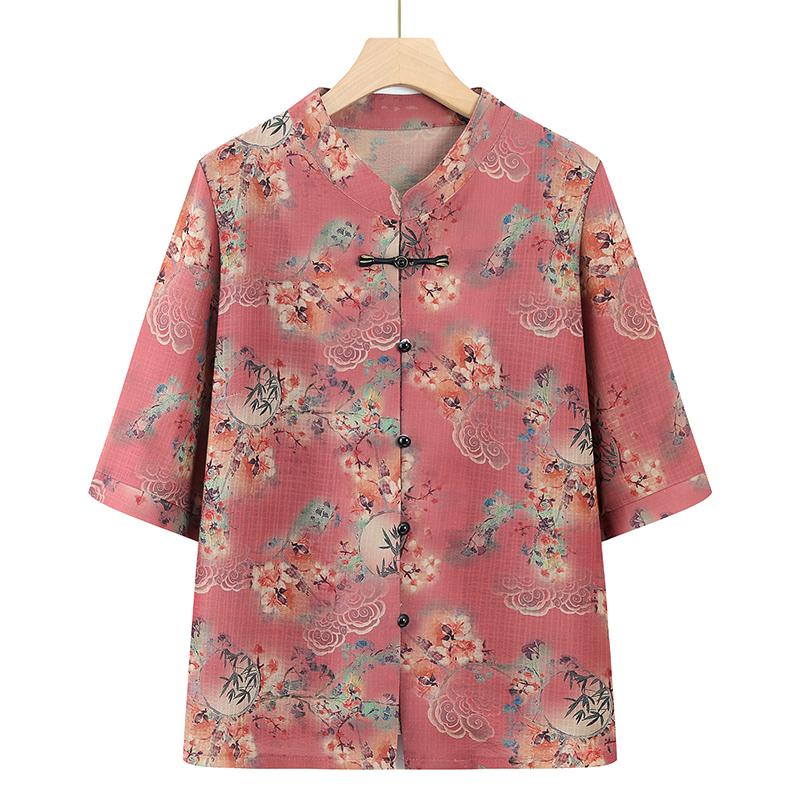 

Retro Floral Cotton Linen Shirt with Seven-Point Sleeves for Plus Size Women 3XL for 120-130 jin красный
