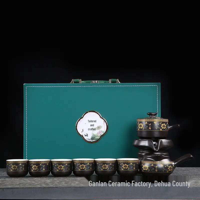 Home Tea Set: Anti-Scald Teapot, Ceramic Gongfu Cups, Stone Mill Semi-Automatic Brewer