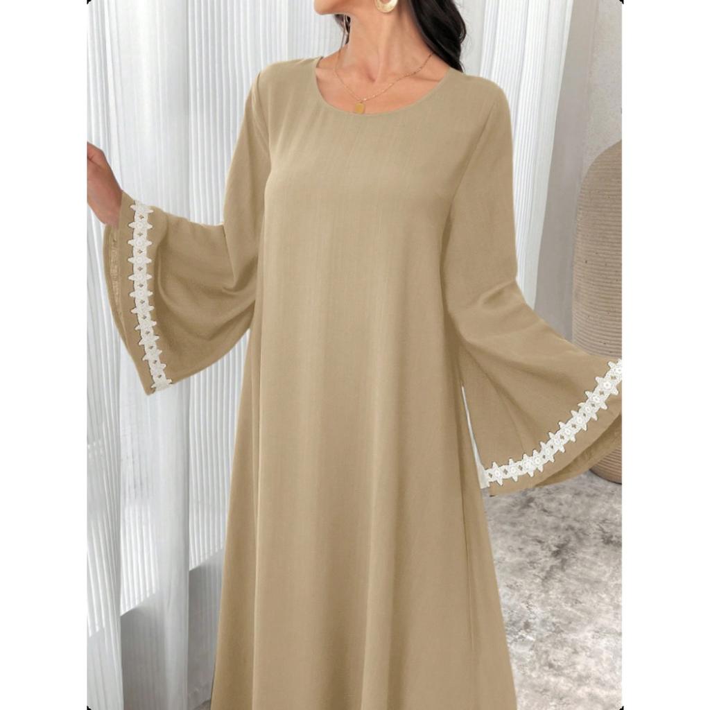 Patchwork White Lace Trim Crew Neck Split Flowy Midi Dress, Popular in Middle East Dubai for Women