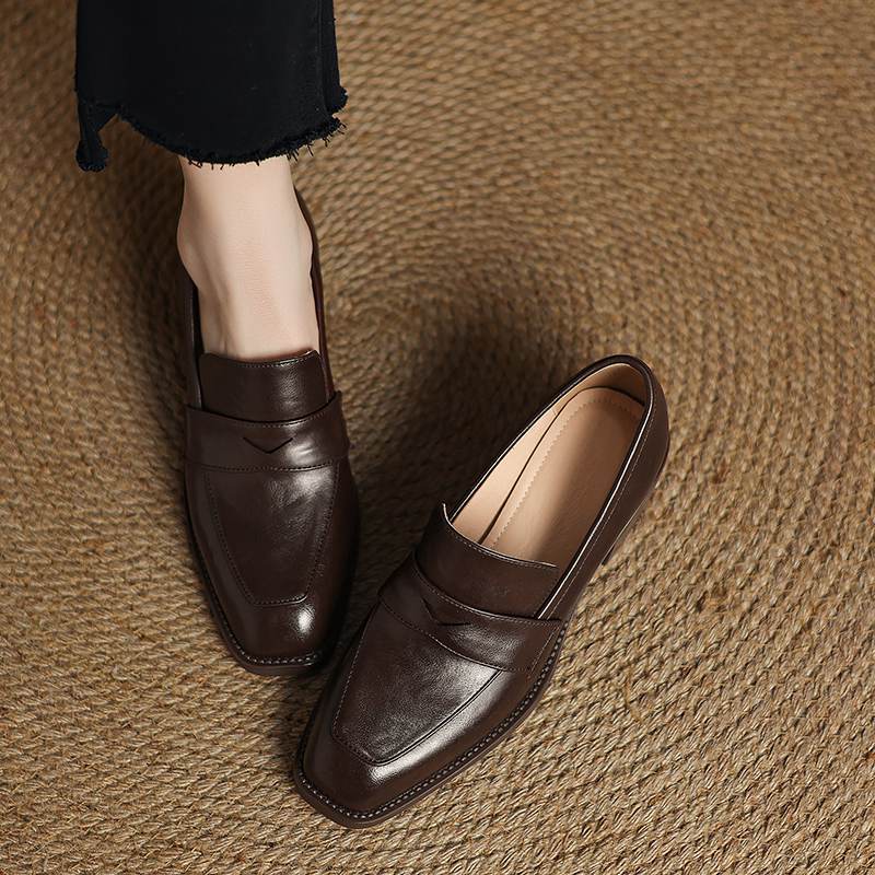 Krazing Pot Sheepskin Autumn Winter Shoes Slip on Med Heels Size 42 Square Toe Brown Color Pumps