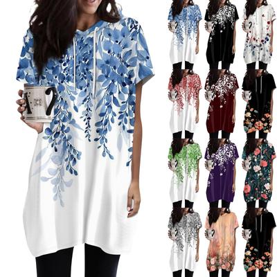 Women's  Hoodies Casual Short Sleeve Shirts Fashion Print Tunic Tops With Pockets