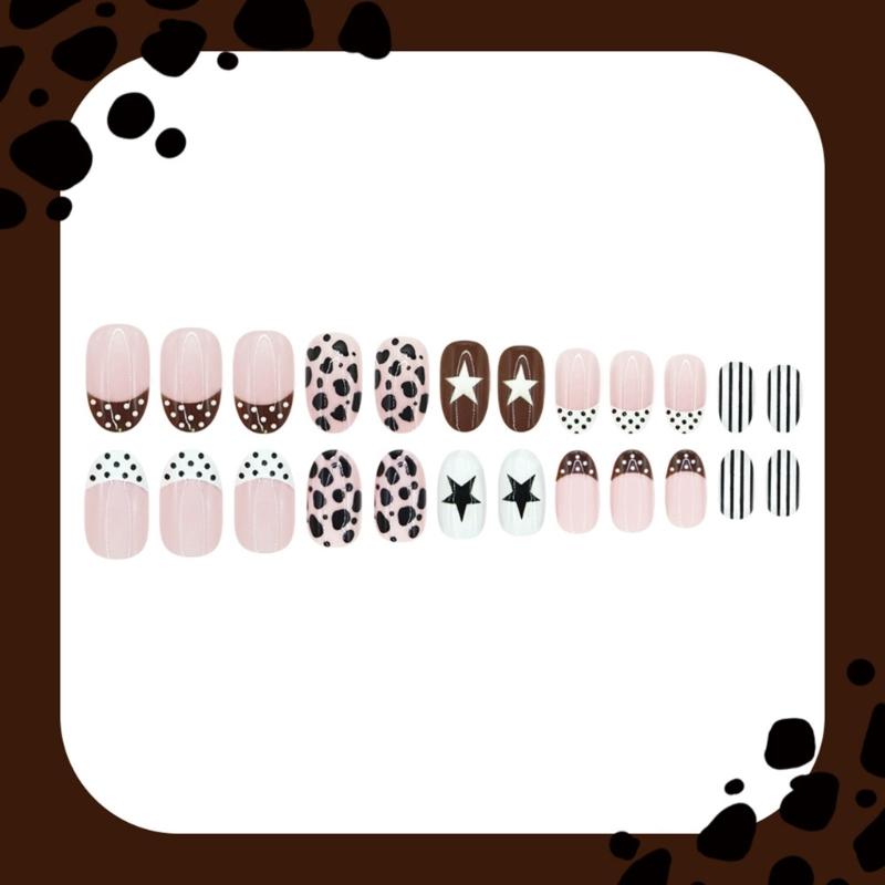 Short Oval Press On Nail With Mixed Pattern Art, Leopard Star Dot Stripe False Nail Set, 10Piece Manicure Kit for Party