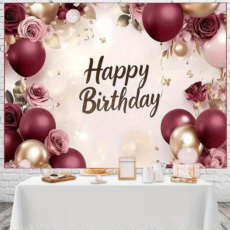 

2D Wine Red Gold Birthday Banner, Floral Party Background Decor 47.2x31.5inch/120*80cm