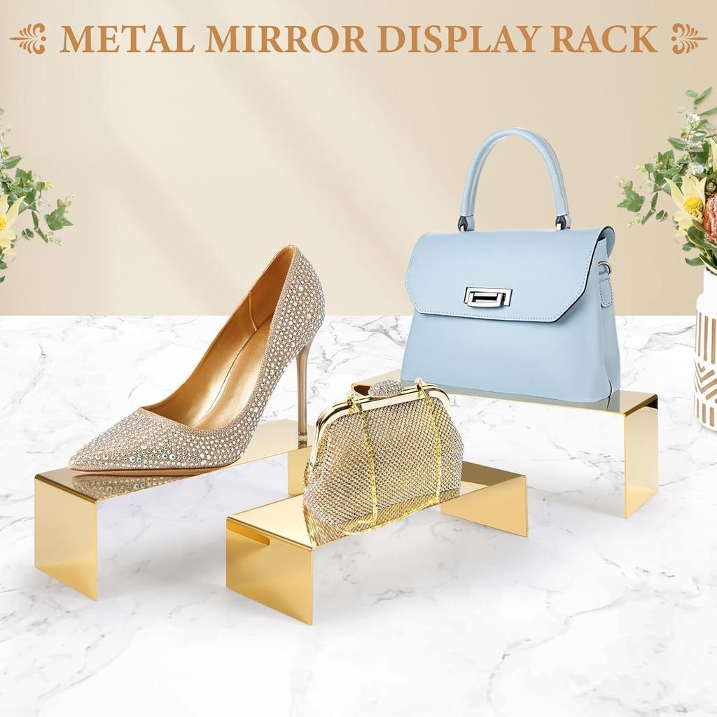 Purse Display Stand, 3 Pcs Large Gold Stainless Steel Display Risers, Gold Risers Display Stands, Large Gold Perfume Stand Display for Jewelry Shoe