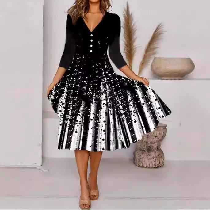 Women's Clothing, Personalized Multi-color Positioning Printed Button V-neck Seven-quarter Sleeve Dress