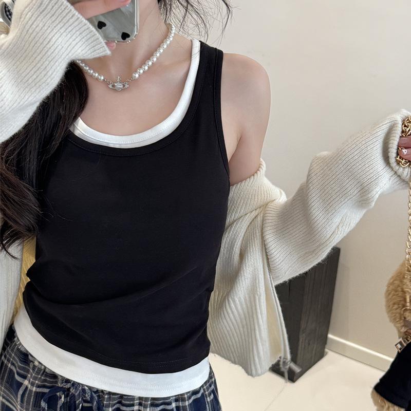 Women Crew Neck Fake Two Piece Sleeveless Tank Top Casual Slim Fit S чёрный