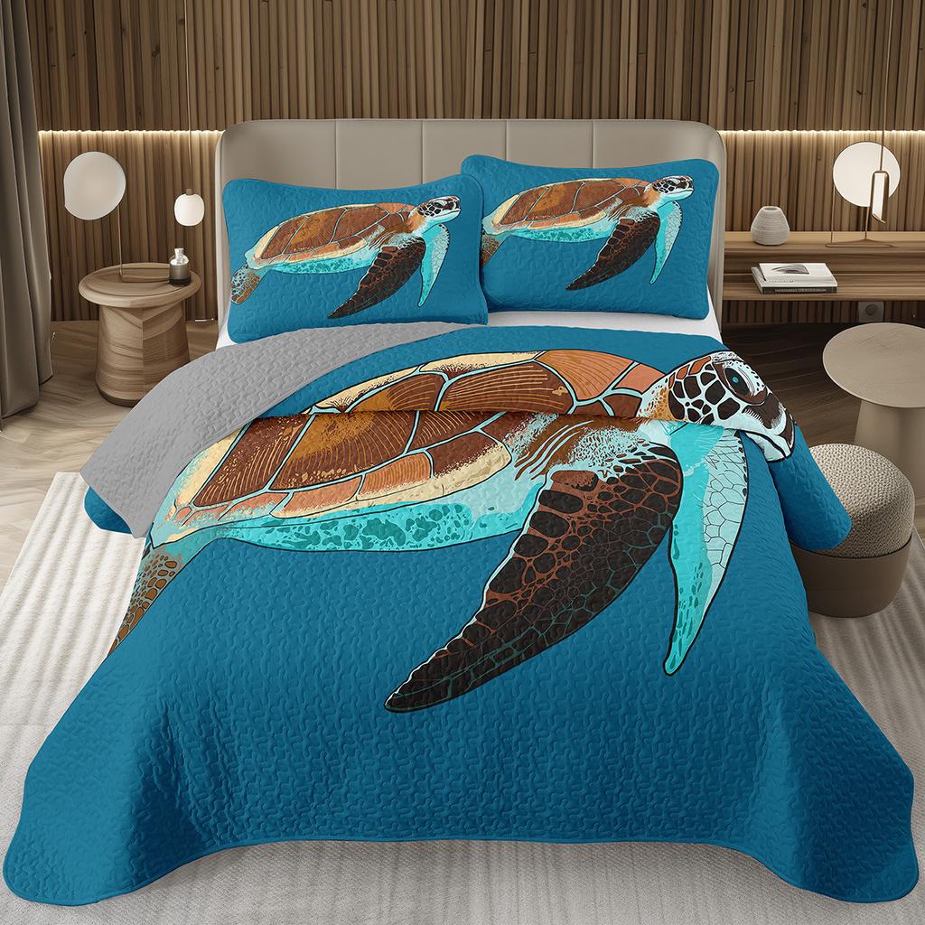 Sea Turtle Bedspread Queen Twin Underwater World Ocean Animal Coverlet Reptile Tortoise Print Quilted Bedding Set for Kids Adult