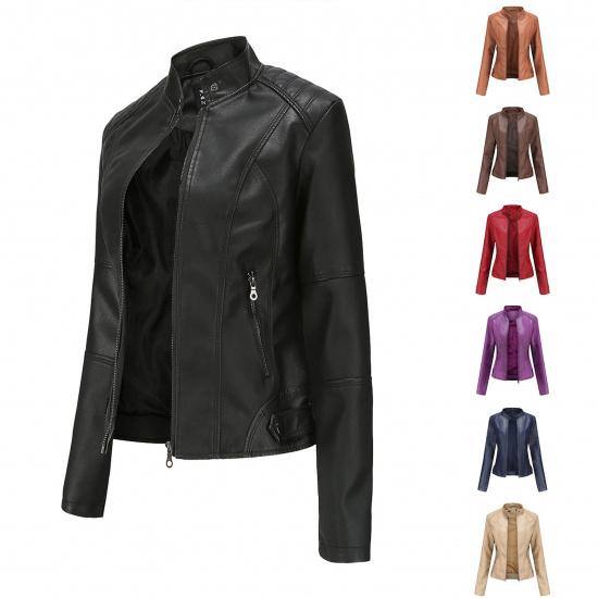 Women's Elegant PU Leather Jacket, Slim Fit Thin Spring Autumn Jacket, Women's Biker Clothing, Plus Size Stand Collar Leather Jacket