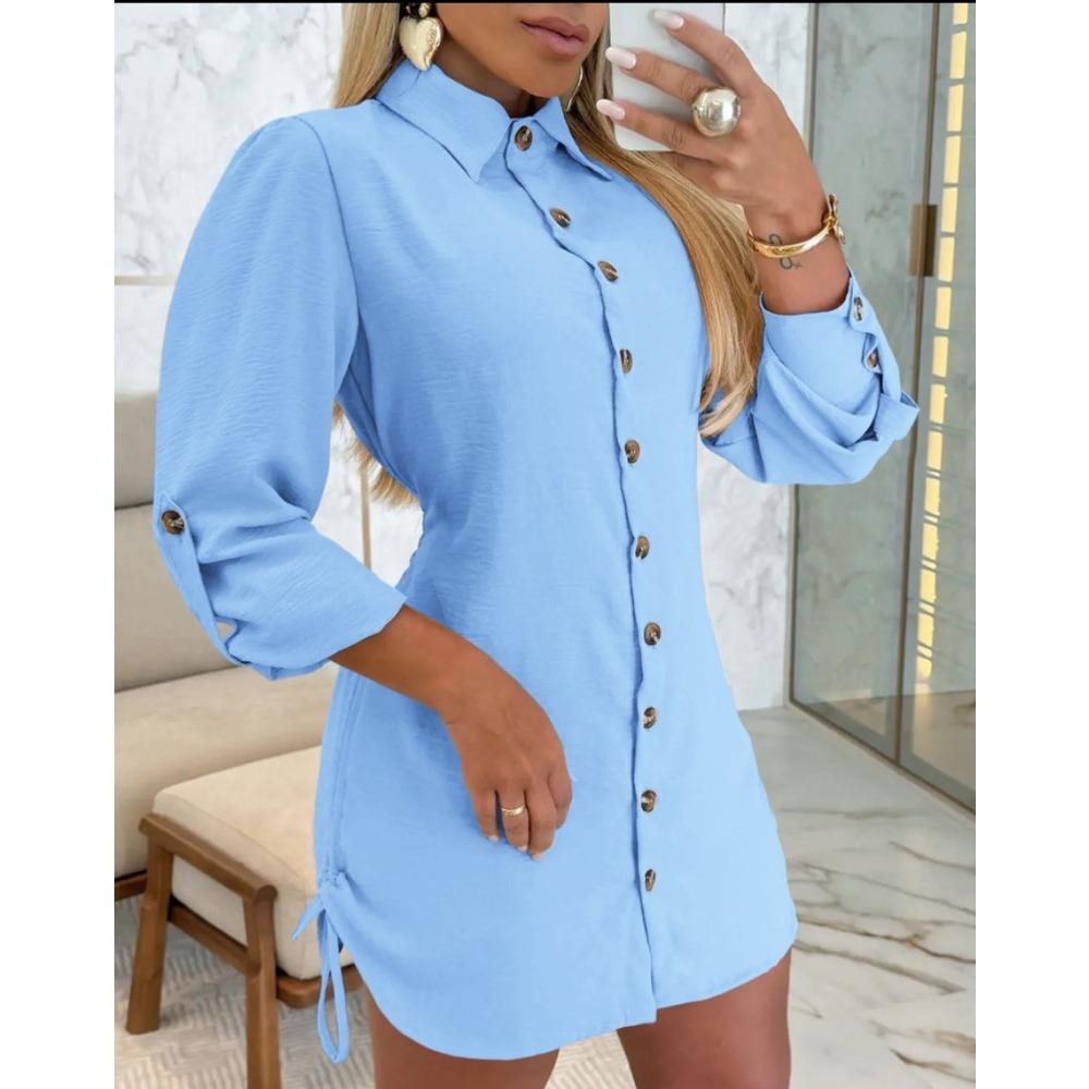 

IHUAZU Осенняя Мода Платье с Длинным Рукавом Однотонное с Кулиской по Бокам Женское XXL синий