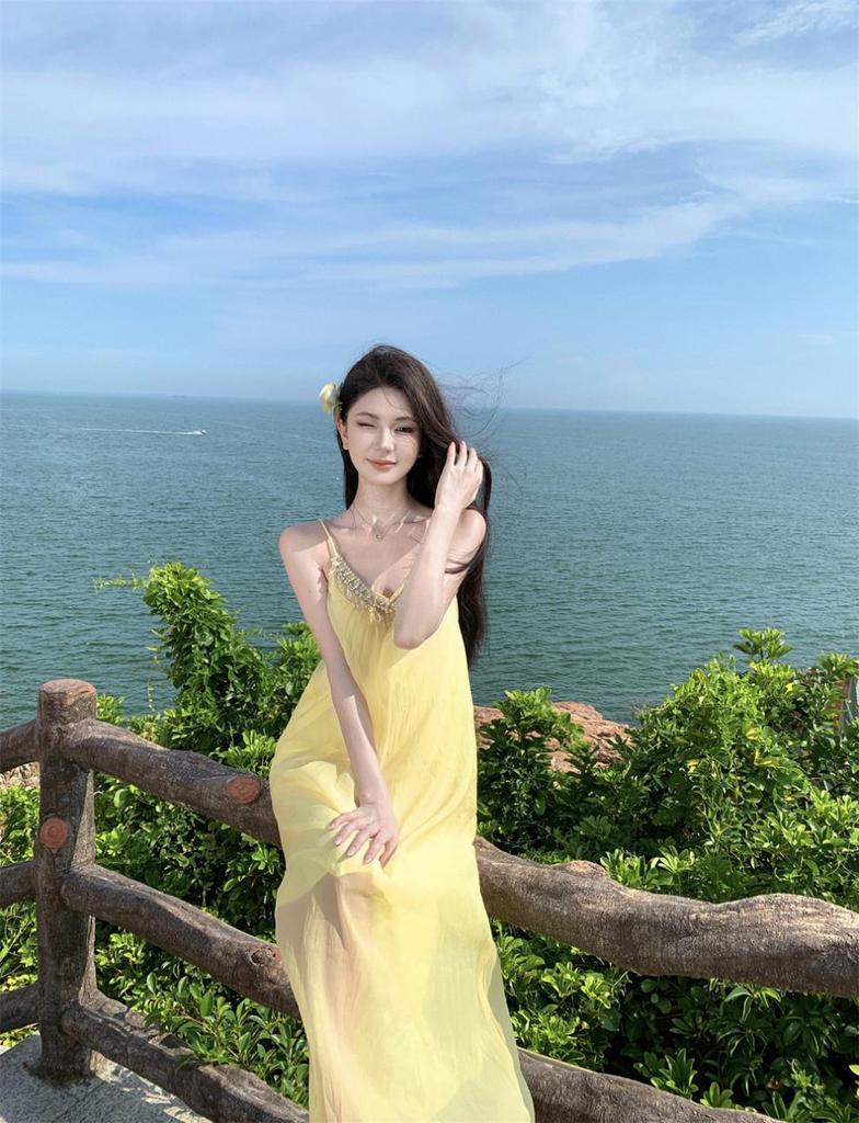 Women's Luxurious Summer Sling Dress with Rhinestone Beading - Exquisite Long Vacation Dress