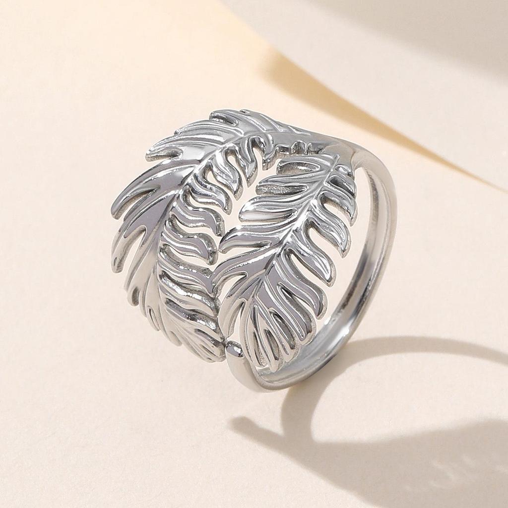 Adjustable Retro Leaf Stainless Steel Ring for Women - Fresh Forest Style