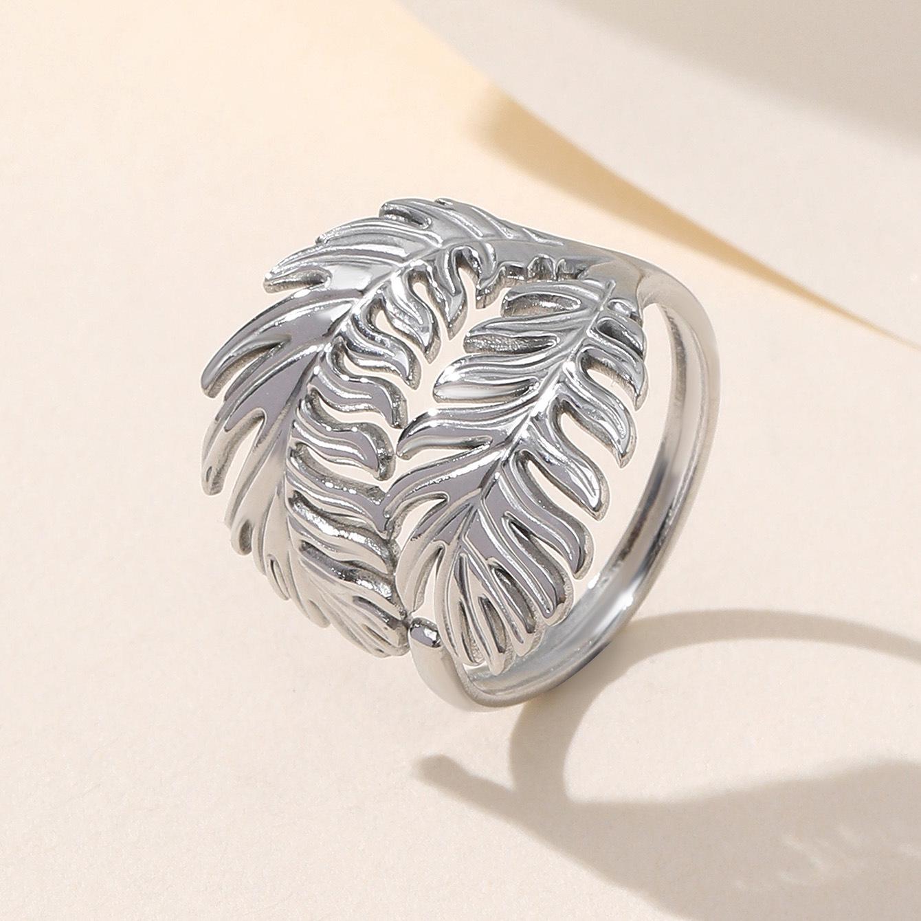 Adjustable Retro Leaf Stainless Steel Ring for Women - Fresh Forest Style