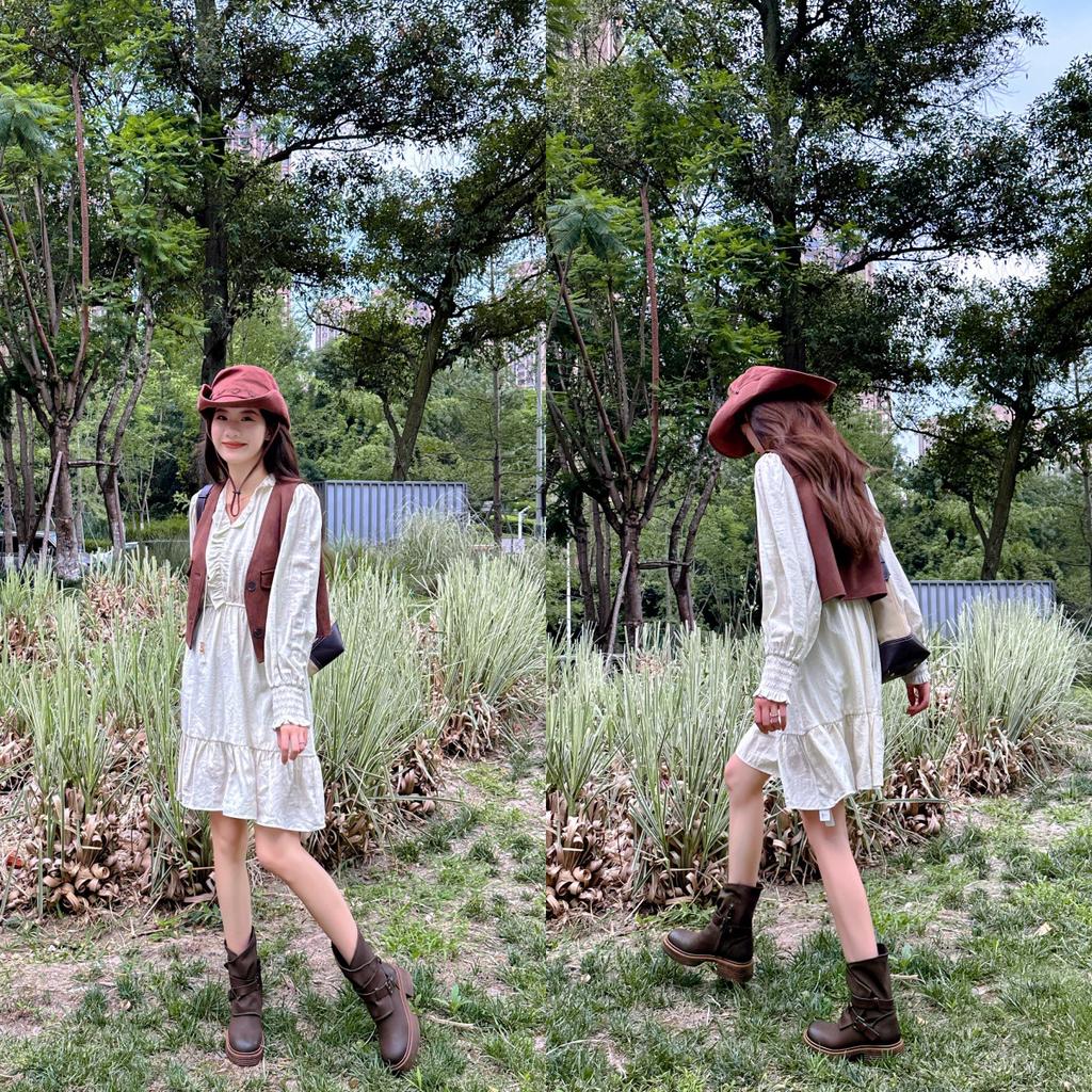 New spot short boots women's 2025 autumn and winter new inner height increase Martin boots women's boots retro belt buckle thick heel western