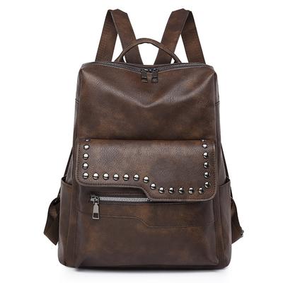 European and American Retro Versatile Women's Backpack High Quality Soft PU Leather College Student Rucksack Trendy Fashion Rivet Outdoor Travel Bag