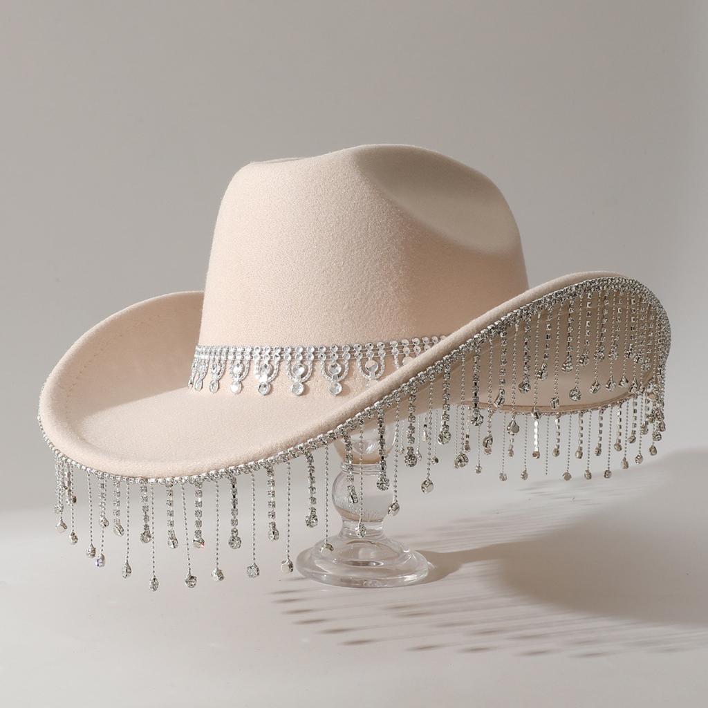 Popular Women's British Elegant Hat with Luxurious Rhinestone Chain and Rhinestone Tassels for Engagement and Vacation