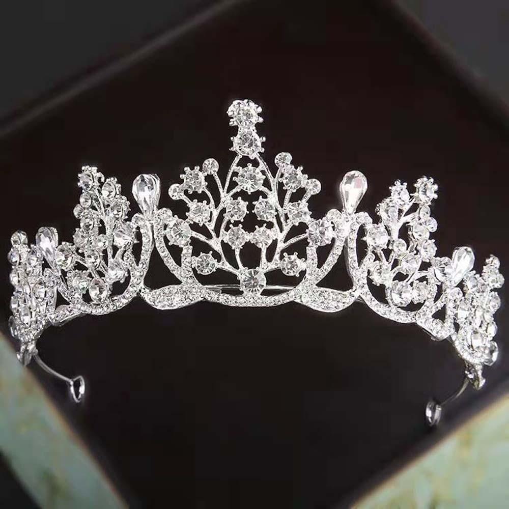 Vintage Silver Floral Crown Elegant Princess Rhinestone Tiara Hair Jewelry Accessories