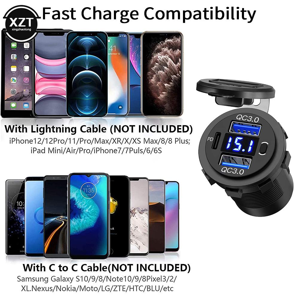 12V-24V USB Car Phone Charger QC3.0 5V 3A USB Auto Socket Fast Charge PD Port Cigarette Lighter Waterproof 12V Charger Accessori
