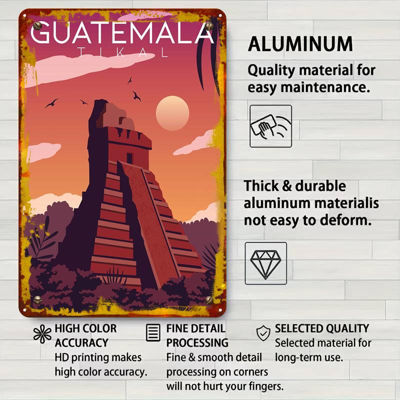 Guatemala Tikal Temple Tinplate Signs Travel Poster Wall Art of Murals Custom Metal Sign for Wall Art Decoration Retro Man Cave