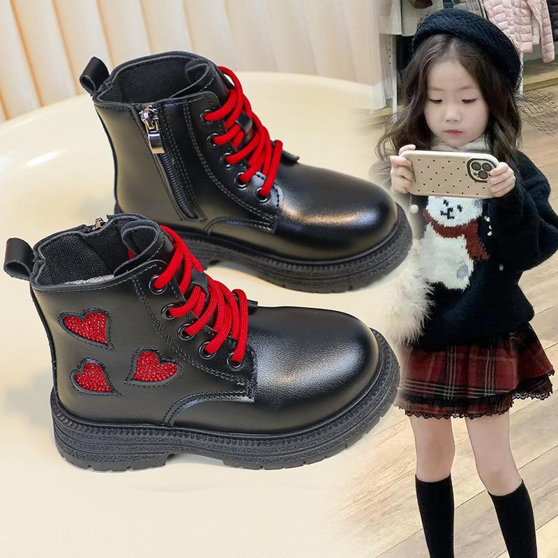 Girls Martin boots 2025 autumn and winter new British style children's short boots love princess leather boots girls velvet cotton boots