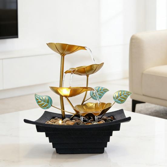 Golden Relaxation Tabletop Water Fountain with LED Light 4 Tier Lotus Small Desktop Waterfall Fountain with Rocks for Home Bathroom Bedroom Decor