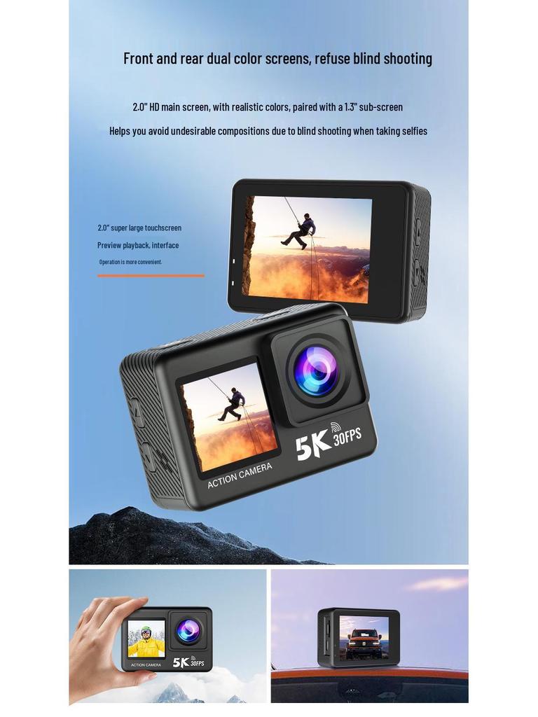5K HD Sports Camera with Image Stabilization, Dual Color Screen & WiFi Remote for Outdoor Cycling