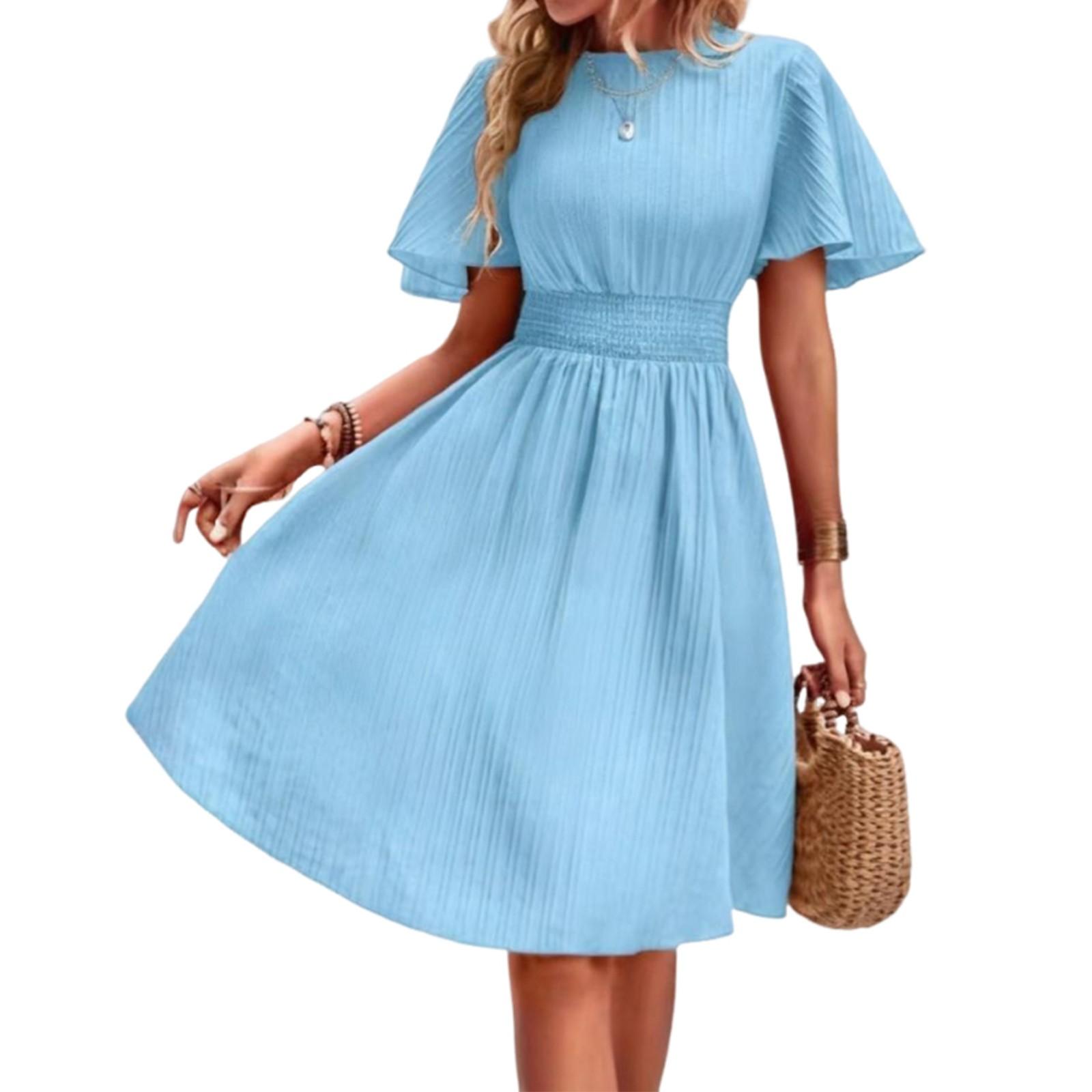 

Женское платье с круглым вырезом, полосатое, повседневное платье, рукава-крылышки, эластичная резинка на талии XL небесно-голубой