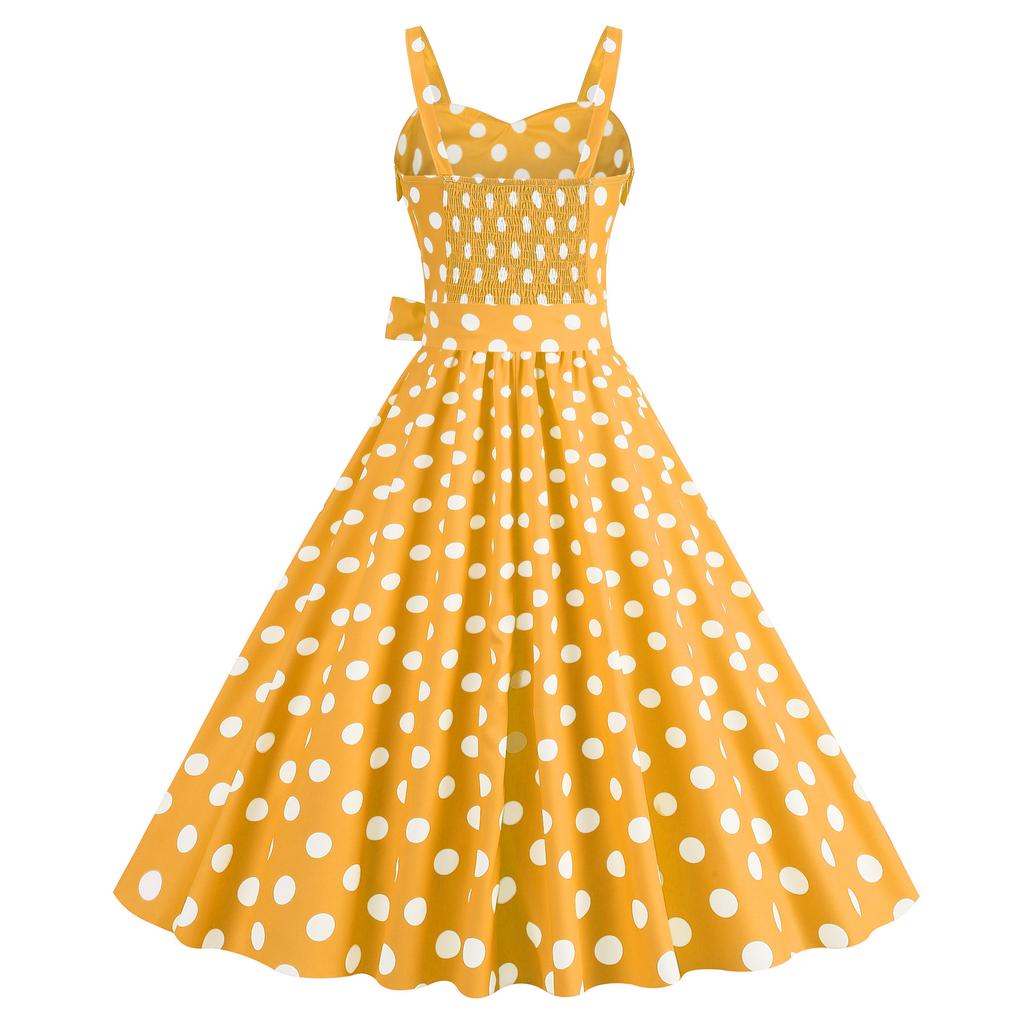Women Vintage Dress 50s Retro A-line Big Swing Sleeveless Dot Print Contrast Color Elastic Bust High Tight Waist Backless Knee Length Evening