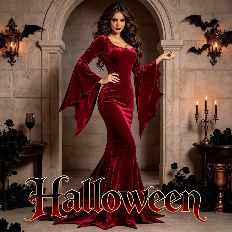 Gothic Vampire Witch Ghost Bride Long Dress Costume,Adult Halloween Cosplay Role Play Outfit,Masquerade Ball Stage Show Gown