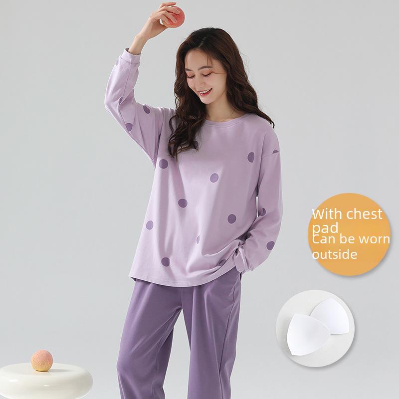Pijama feminino de manga comprida com estampa de desenho animado e protetores de peito - algodão fino para uso interno/externo na primavera, outono e inverno