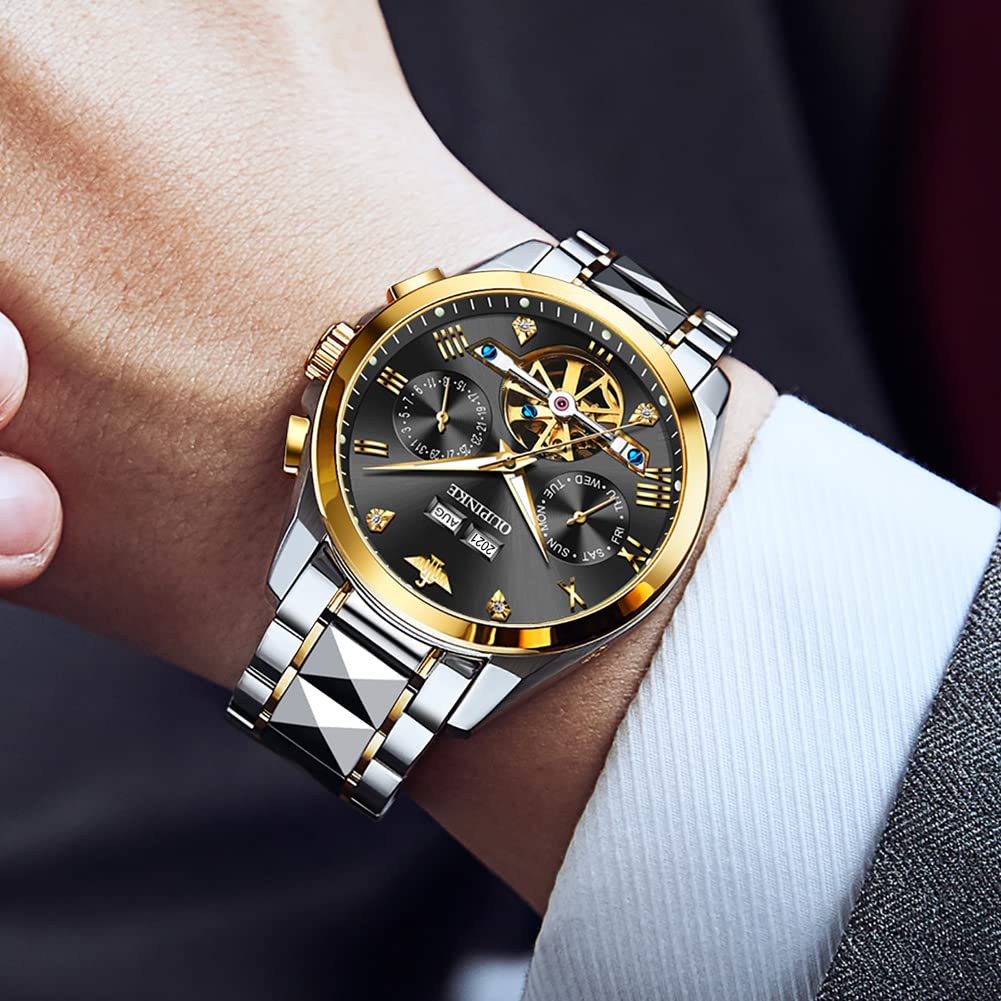 OUPINKE Men's Automatic Watch, Mechanical Movement, Waterproof, Calendar, 40mm Hollow Dial, Luminous Stainless Steel, Black