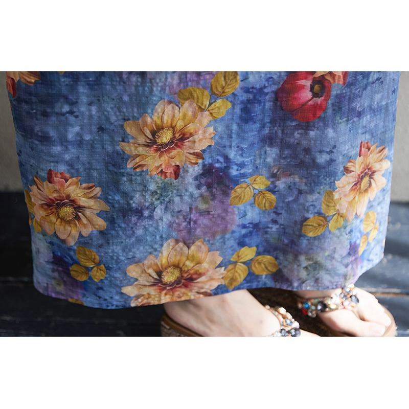 DIMANAF 2025 Summer Plus Size New Dress Beach Basic Loose Women Casual Flower Printing V-Neck Long Vintage Dress Maxi