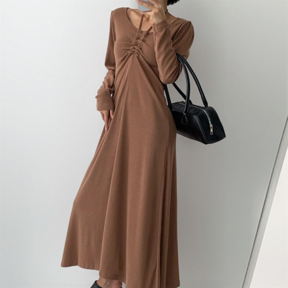 New Arrivals Open RUn Women Slim Fit Shirring U Neck Long Sleeve Dress