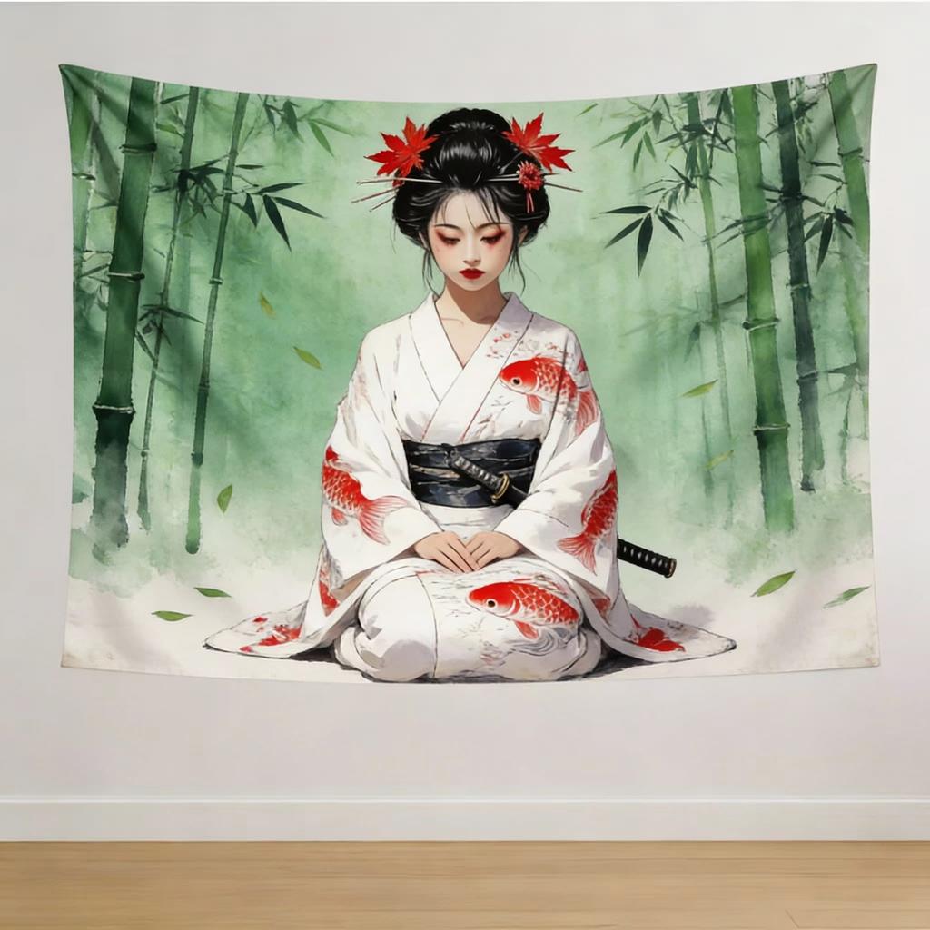 Japanese Sword Woman Tapestry, White Kimono Red Floral Design Wall Hanging For Living Room Home Decor Accessories