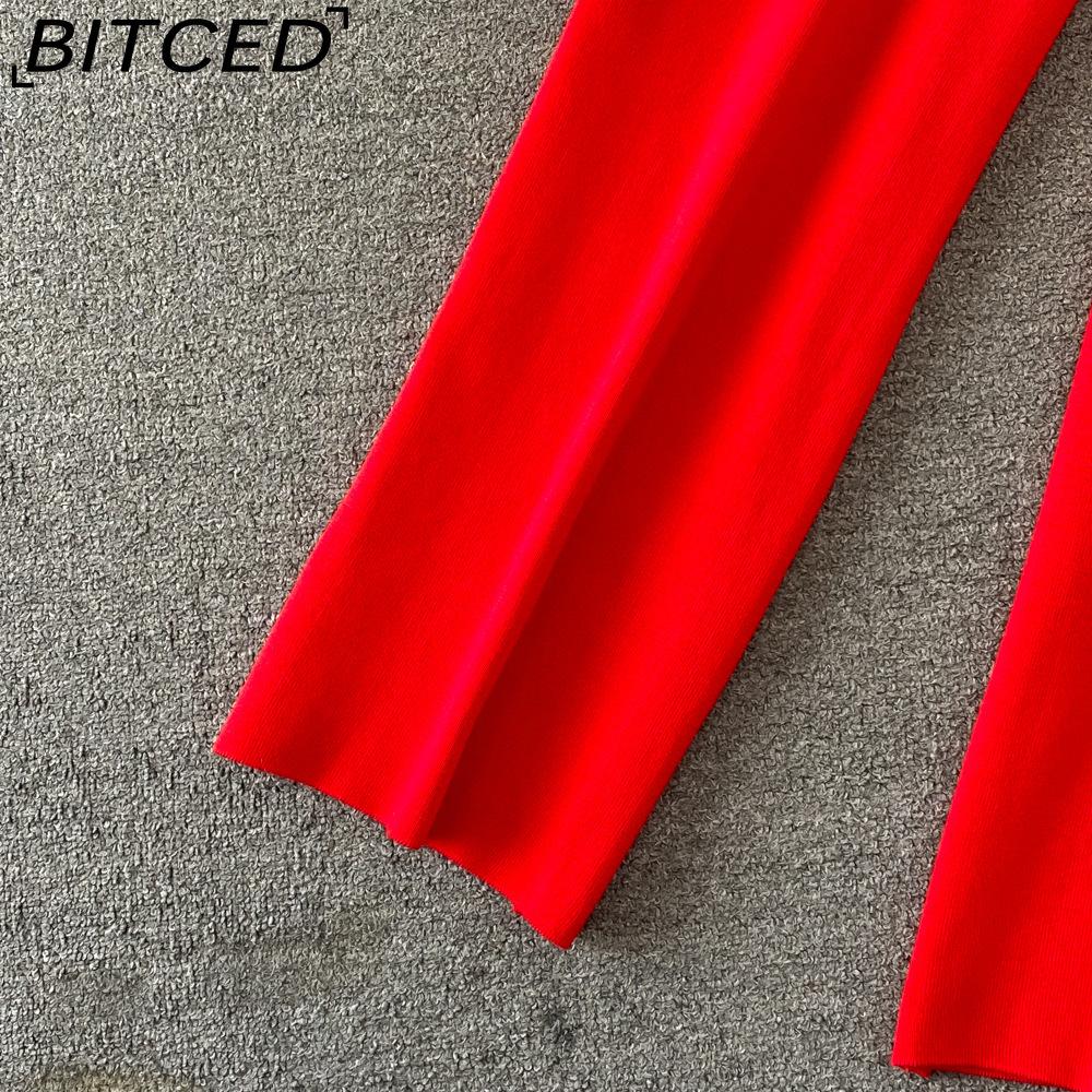 BITCED Conjunto de Moda para Mujer Otoño Invierno Suéter Holgado de Manga Larga a Cuadros Conjunto de Dos Piezas Pantalones de Punto Rectos de Pierna Ancha Adelgazantes de Cintura Alta