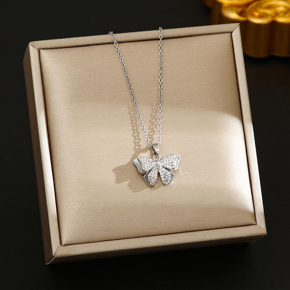 Korean Butterfly Tassel Luxury Diamond Titanium Steel Necklace - Women's Versatile Clavicle Jewelry