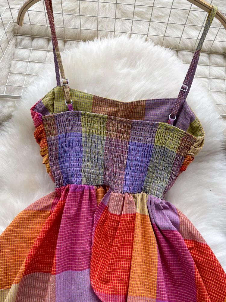 Summer American Retro Beach Vacation Vest Women Sling Slim Chic Colored Plaid Tops Female High Street Ruffled Edge Clothes New