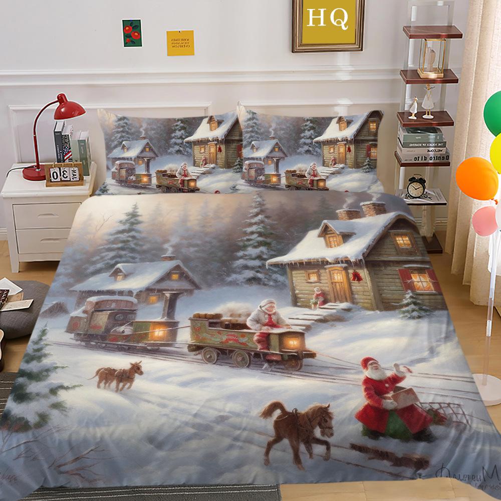 Jultomte Älg 3D-tryckt Polyester Örngott Täcke Två- eller Tredelat Set Tillgängligt