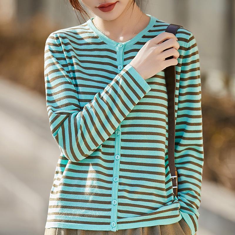Women's Striped Round Neck Knit Cardigan - Spring & Autumn Casual Loose Fit