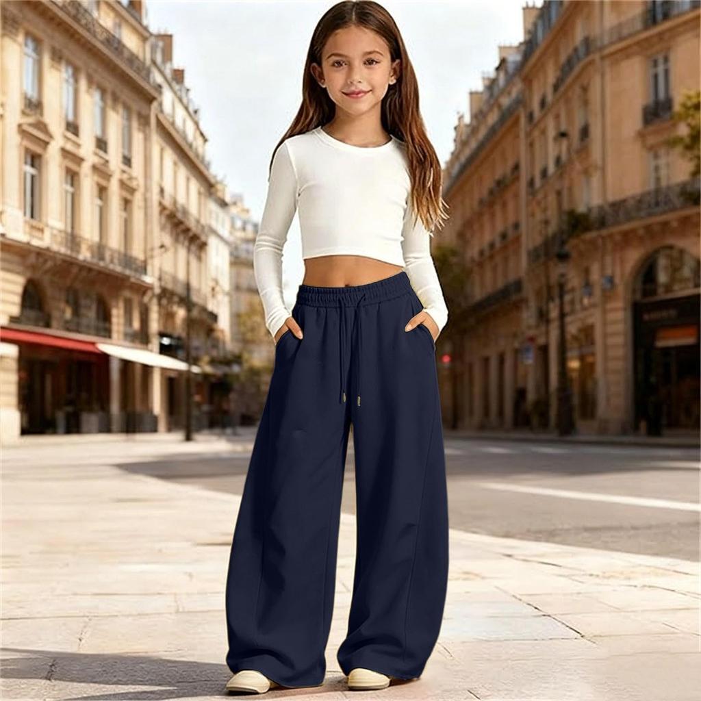 Girls Color Elastic Waist Loose Fit Casual Pants for Everyday Wear