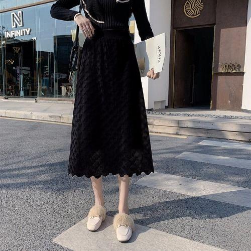 Double Knit Lace Mid Length Skirt for Women Autumn and Winter Solid Paired with a Sweater for a High A-line Skirt Female Tops