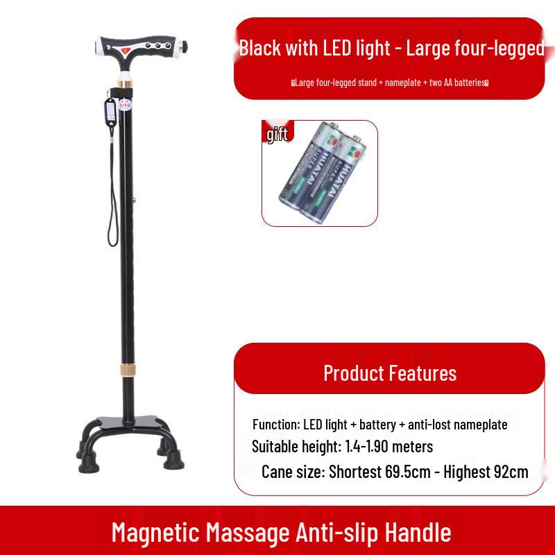 Yunxiang Verstellbare Vierfuß-Gehhilfe für Senioren - Rutschfest, Teleskop-Gehstock mit Licht, Aluminiumlegierung
