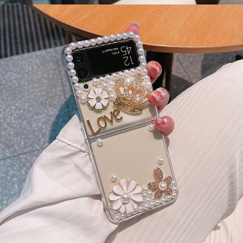 For Samsung Zflip4 Transparent Mobile Phone Case Three-dimensional Rhinestone Flower Light Luxury Crown Ins Style Zflip3 Niche
