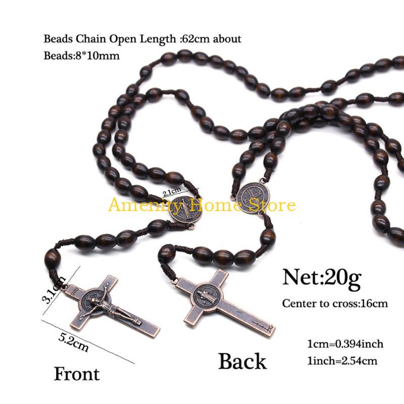 F26C Wooden Beads for Cross Pendant Necklace For Women Wood Beads Cord Rosary Necklace Holy Jerusalem Catholic Gift Handmade