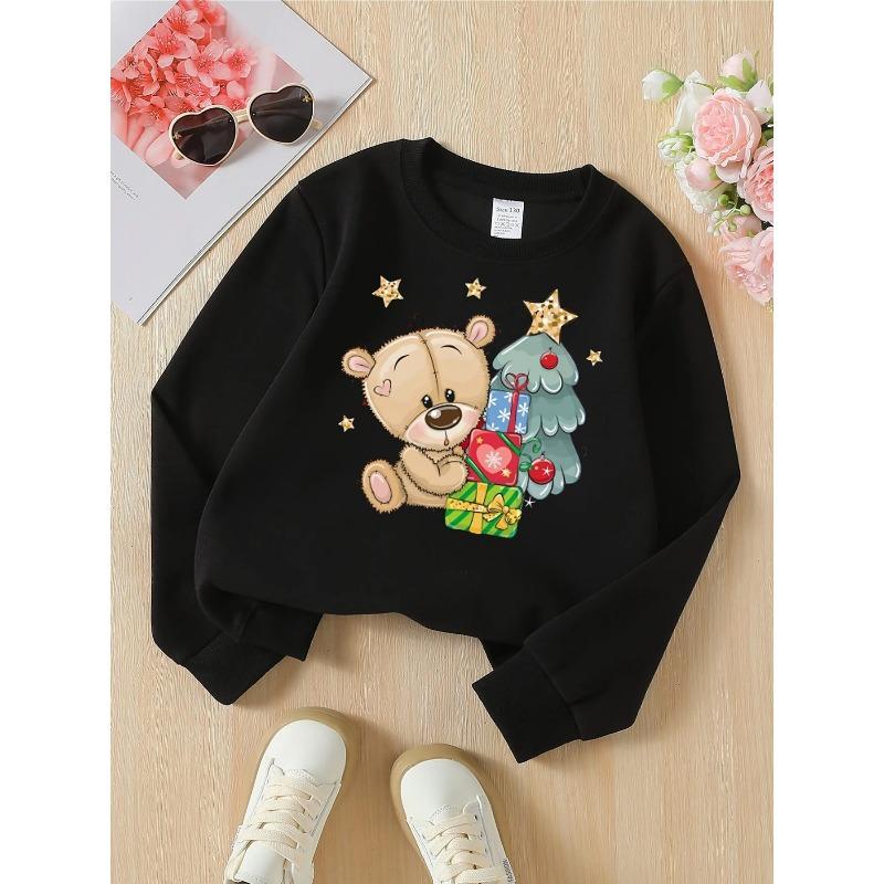 European sizes Fashionable Crewneck Sweatshirt with Christmas Bears, Trees, Gifts & Stars, Western Long-Sleeved Top for Young Girls