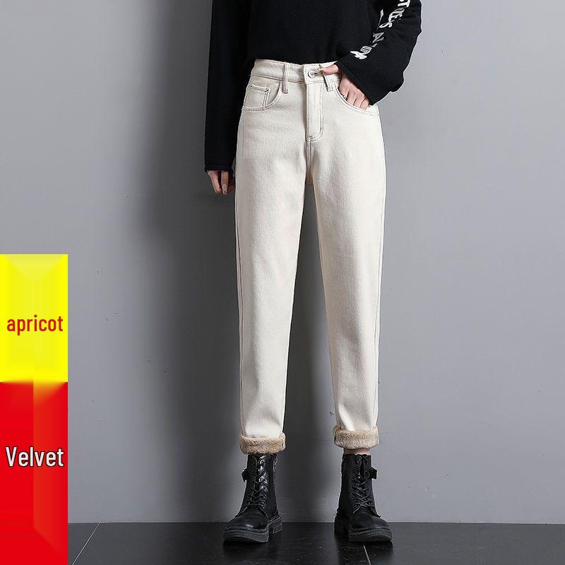 Women's Thickened Velvet Straight-Leg Jeans, Coffee Brown - Autumn/Winter 2025 Collection