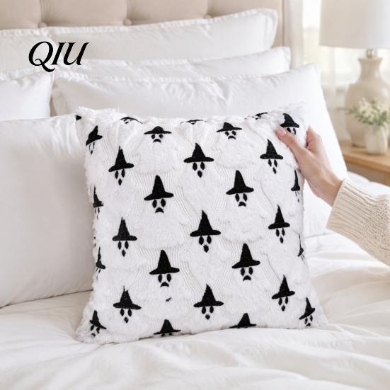 Simple Fashionable Holiday Ornaments Halloween Ghost Cushion Cover, Fuzzy Throw Pillow 18x18 Inch Durable Zippered Protectors Washable Plush Case for