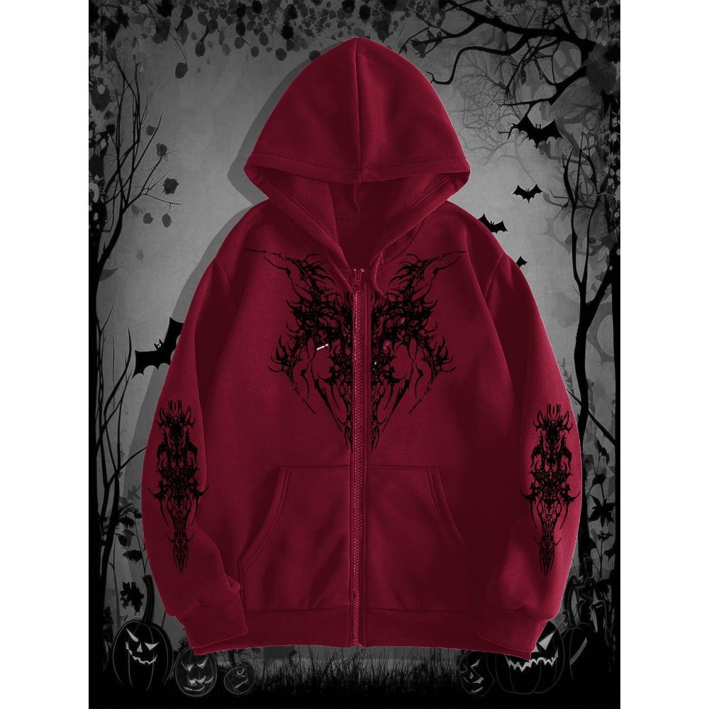 Pánská gotická tmavá mikina s potiskem a zipem, ideální pro ležérní streetové oblečení, skvělá pro trendy outfity, nezbytnost pro Halloween