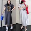 Fun Cartoon Short-sleeved T-shirt Dress for Women, Slimming Long Dress, Knee-length Dress
